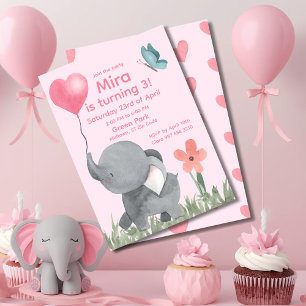 Cute Elephant with Ballon Birthday Party  Invitation