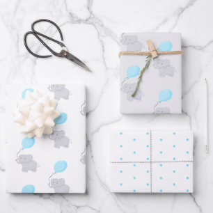 Cute Elephant with Balloon   Baby Boy Wrapping Paper Sheet