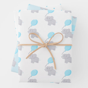Cute Elephant with Balloon   Baby Boy Wrapping Paper Sheet