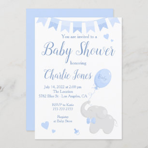 Cute Elephant with Balloon Baby Shower Boy Invitation