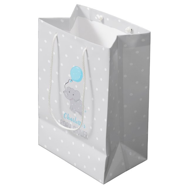 Cute Elephant with Balloon Baby Shower Boy Medium Gift Bag (Front Angled)