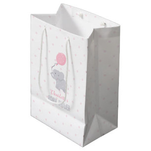 Cute Elephant with Balloon Baby Shower Girl Medium Gift Bag