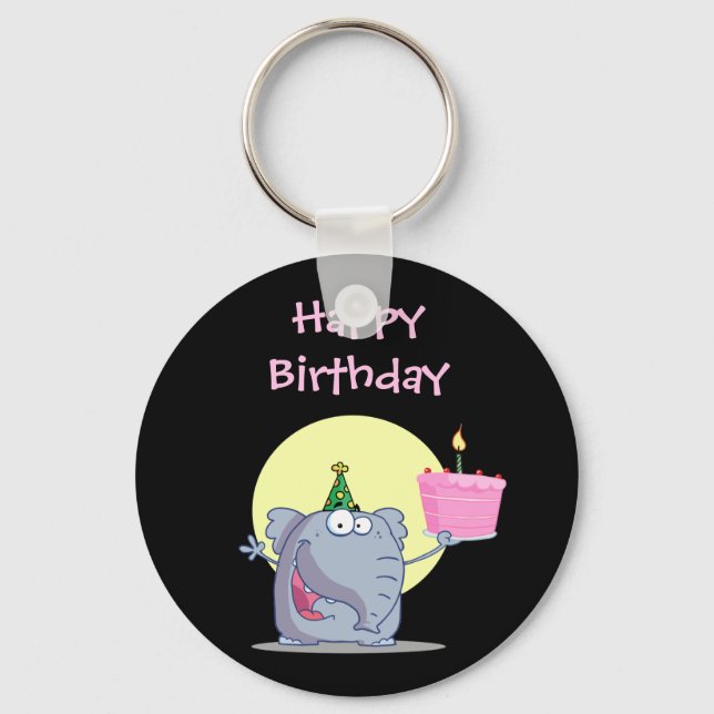 Cute Elephant with Birthday Cake Key Ring (Front)