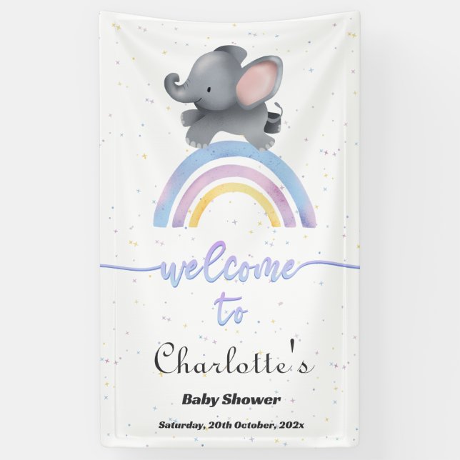 Cute Elephant with Colourful Rainbow Baby Shower Banner (Vertical)