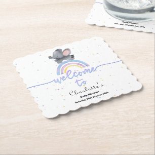 Cute Elephant with Colourful Rainbow Baby Shower Paper Coaster