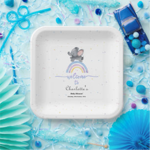 Cute Elephant with Colourful Rainbow Baby Shower Paper Plate