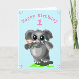 Cute Elephant with Flower Birthday Card