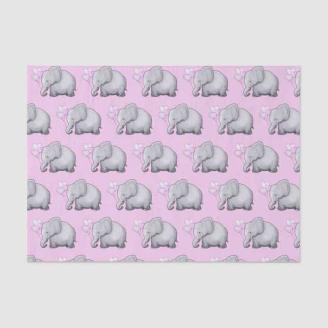 Cute Elephant with Heart Balloons Pink Baby Shower Tissue Paper (Front)