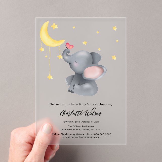 Cute Elephant With Little Butterfly Baby Shower Acrylic Invitations (Insitu (Handheld))