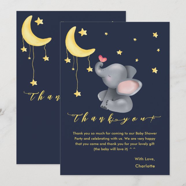 Cute Elephant With Little Butterfly Baby Shower Thank You Card (Front/Back)