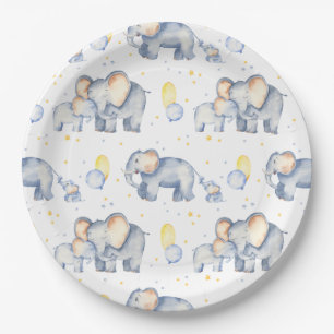 Cute Elephant with Mommy Watercolor Baby Shower Paper Plate