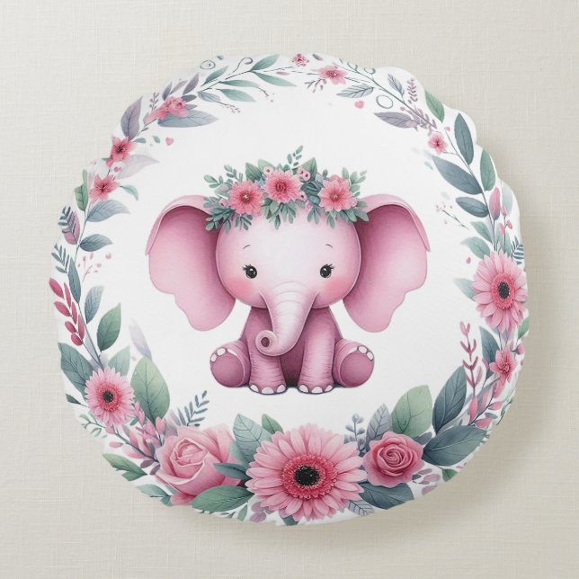 Cute Elephant with Pink Floral Round Cushion (Front)