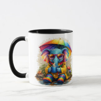 Cute Elephant with Rainbow Umbrella Coffee Mug