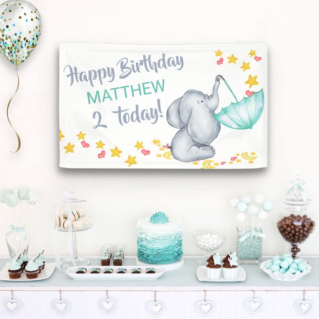 Cute Elephant with Umbrella Boys Birthday Party Banner (Creator Uploaded)