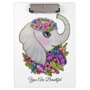 Cute Elephant With Wild Flowers In Watercolor Clipboard