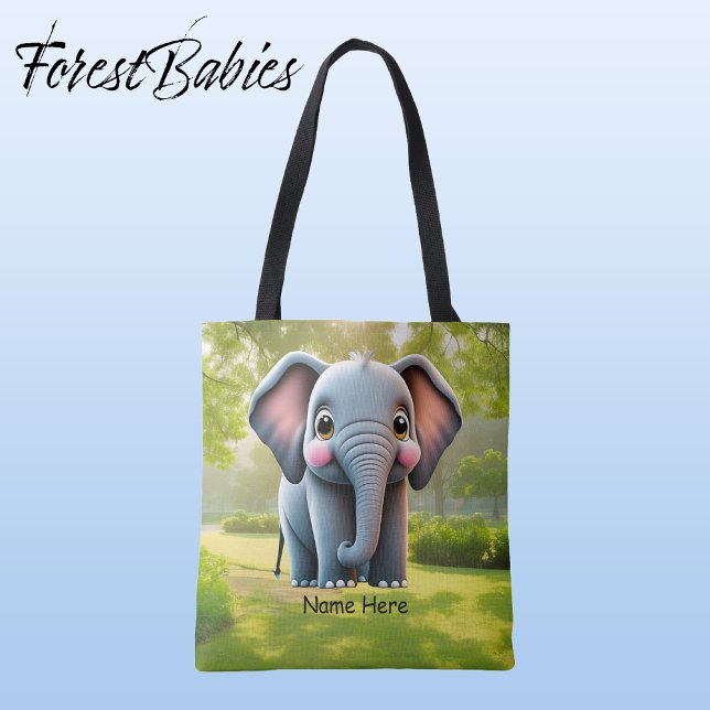 Cute Elephant Woodland Animal Kid Cartoon Graphic  Tote Bag (Elephant, Customizable ForestBabies Tote Bag - Front)