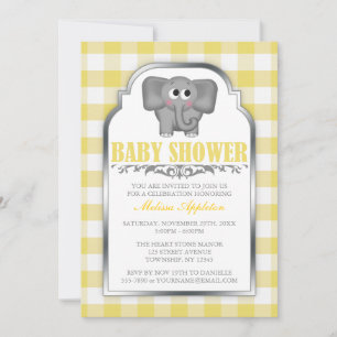Cute Elephant Yellow Gingham Baby Shower Invitation