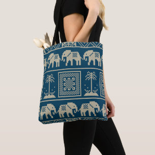 Cute elephants African tribal Ethnic pattern blue Tote Bag