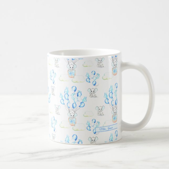 Cute Elephants Balloons & Clouds Baby Boy Pattern  Coffee Mug (Right)