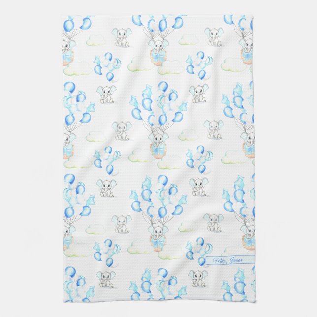 Cute Elephants Balloons & Clouds Baby Boy Pattern Tea Towel (Vertical)