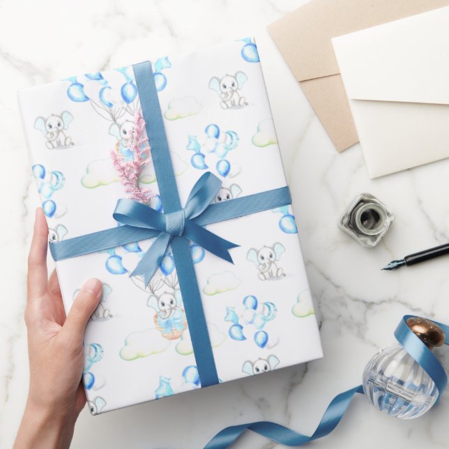 Cute Elephants Balloons & Clouds Baby Boy Pattern Wrapping Paper (Gifting)