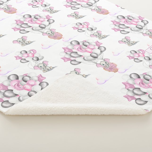 Cute Elephants Balloons & Clouds Baby Girl Sherpa Blanket (3/4)