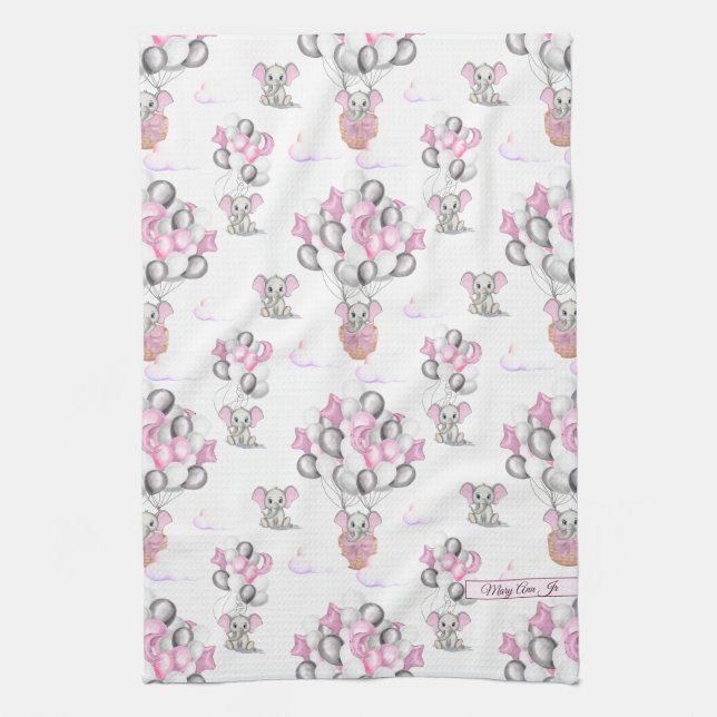 Cute Elephants Balloons & Clouds Baby Girl Tea Towel (Vertical)