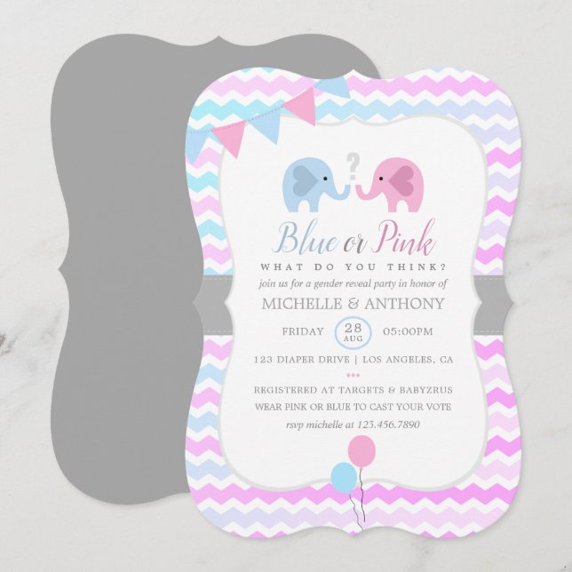Cute Elephants Chevron Gender Reveal Party Invite (Front/Back)