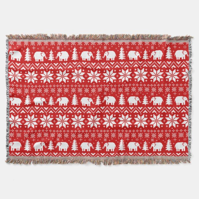 Cute Elephants Christmas Holiday Pattern Red Xmas Throw Blanket (Front)