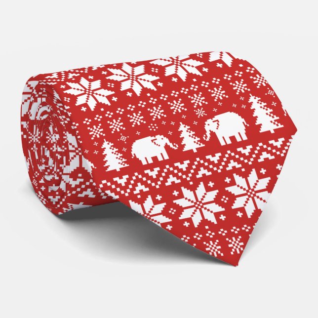 Cute Elephants Christmas Pattern Red and White Tie (Rolled)
