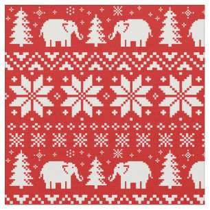 Cute Elephants Christmas Pattern Red Fabric
