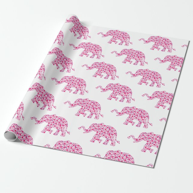 Cute Elephants made of Little Pink Hearts Wrapping Paper (Unrolled)