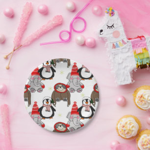 Cute elephants, penguin and sloths pattern  paper plate