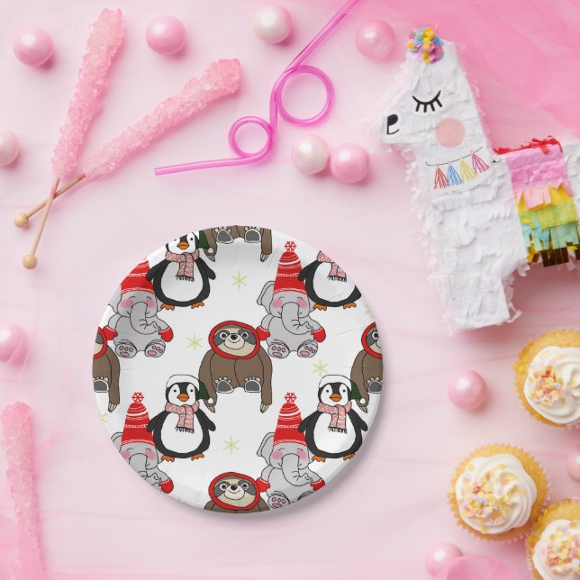 Cute elephants, penguin and sloths pattern  paper plate (Party)