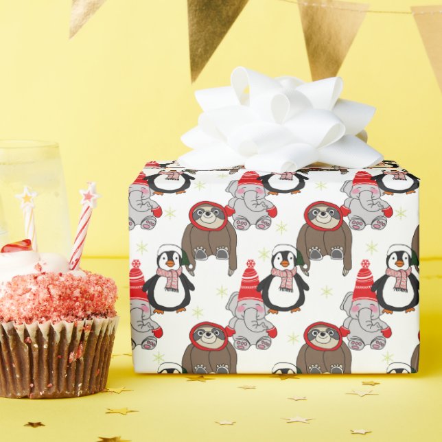 Cute elephants, penguin and sloths pattern wrapping paper (Birthday Party)
