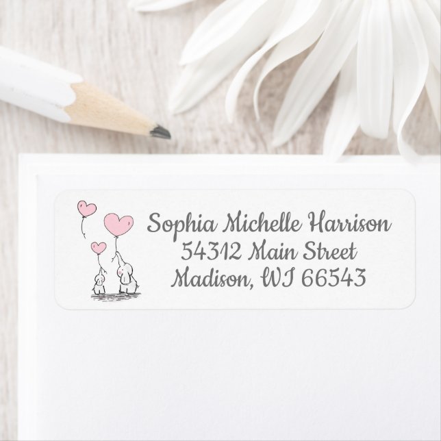 Cute Elephants | Pink & White Heart Balloons Return Address Label (Insitu)