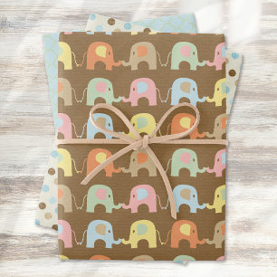 Cute Elephants Polka Dots Brown Blue Baby Shower Wrapping Paper Sheet