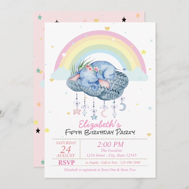 Cute Elephants Rainbow Stars Birthday Invitation (Front/Back)