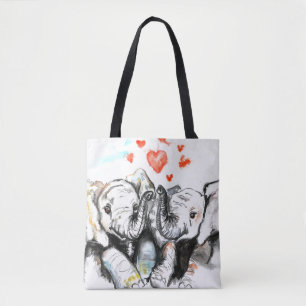Cute Elephants Romantic Love - Watercolor Painting Tote Bag