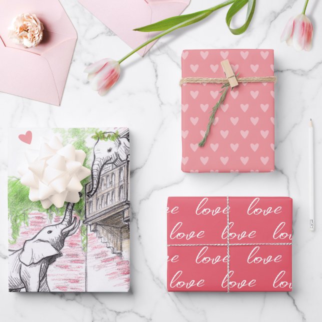 Cute Elephants Romeo and Juliet Romantic Love Pink Wrapping Paper Sheet (Creator Uploaded)