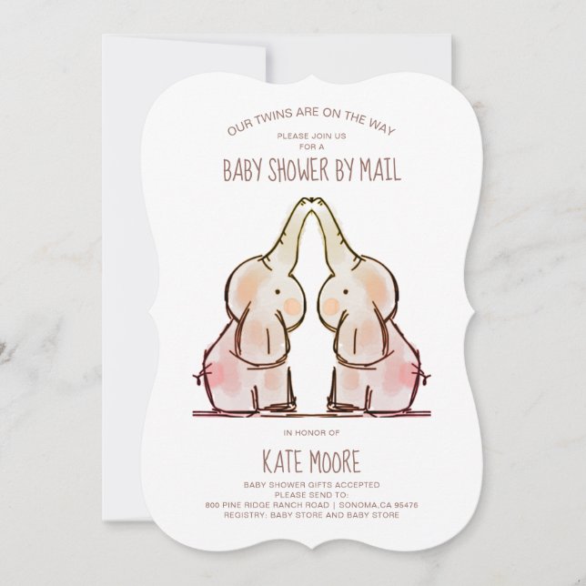 Cute Elephants Twins Baby Shower by Mail Invitatio Invitation (Front)