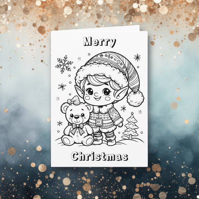 Cute Elf and Teddy Bear Christmas Colour Me Card (Creator Uploaded)