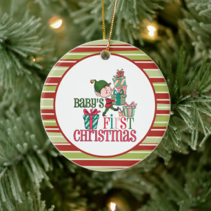 Cute Elf Carrying Presents Baby's First Christmas Ceramic Ornament