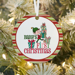 Cute Elf Carrying Presents Baby's First Christmas Metal Tree Decoration
