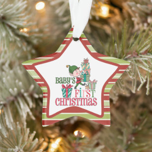 Cute Elf Carrying Presents Baby's First Christmas Ornament