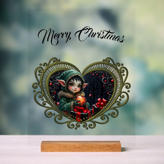 Cute Elf Child in Green Hooded Coat  Acrylic Sign (Neutral)