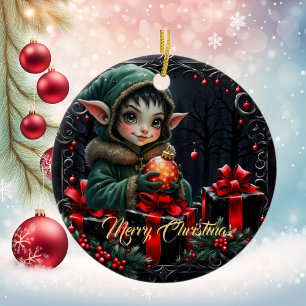 Cute Elf Child in Green Hooded Coat  Ceramic Ornament