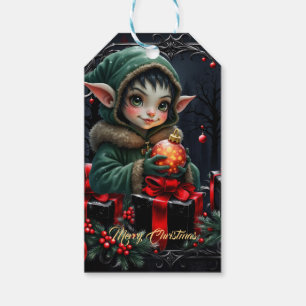 Cute Elf Child in Green Hooded Coat  Gift Tags