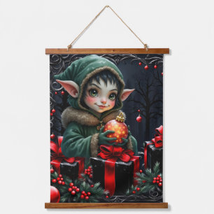 Cute Elf Child in Green Hooded Coat Hanging Tapestry