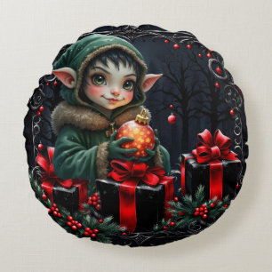 Cute Elf Child in Green Hooded Coat Round Cushion